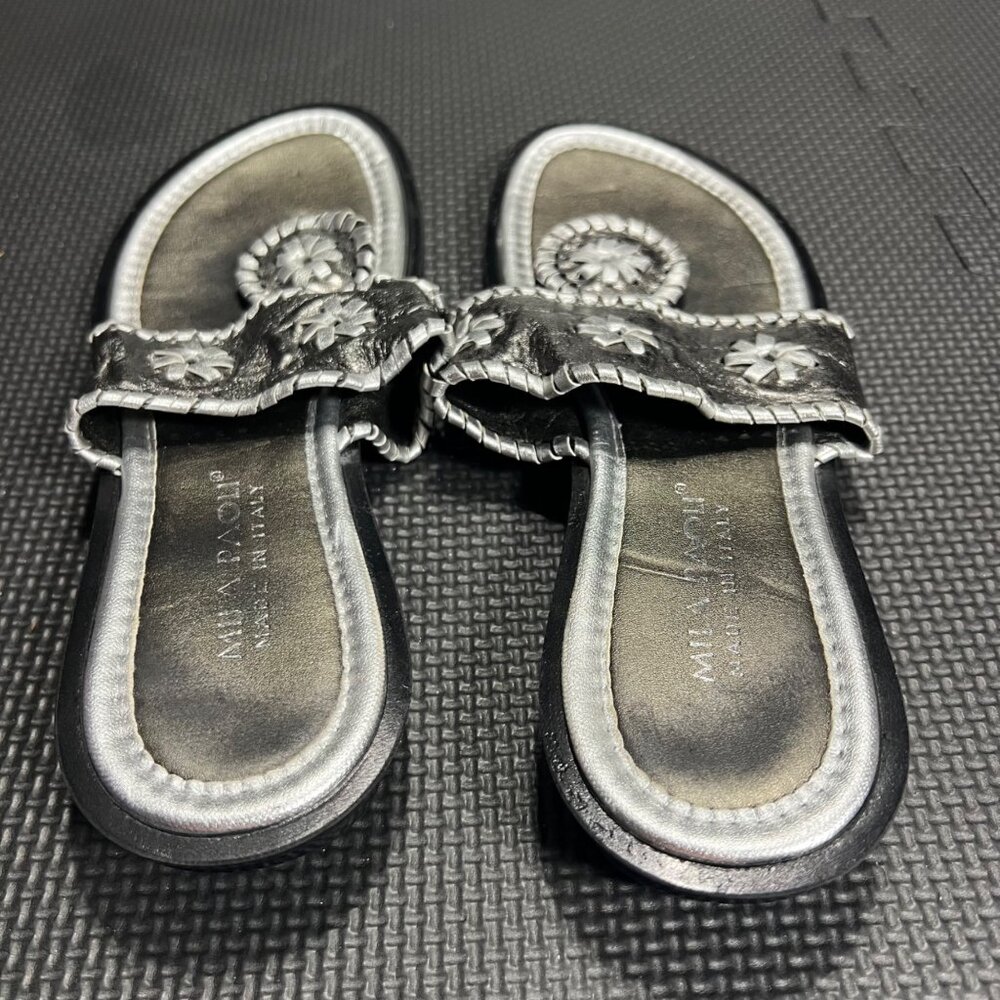 Mila Paoli Womens Silver Leather Slide Sandals With Floral Details Made In Italy - Picture 2 of 5
